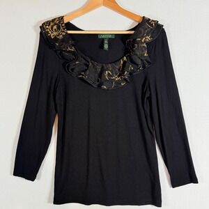 Lauren Ralph Lauren Black Top Gold Baroque Artsy Ruffle Neck 3/4 Sleeve‎ Medium